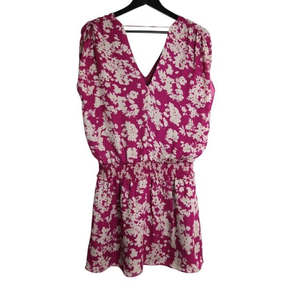 Ramy Brook Silk Blouson Shift Mini Dress Smocked Waist V-Neck Floral Fuchsia - Picture 4 of 7
